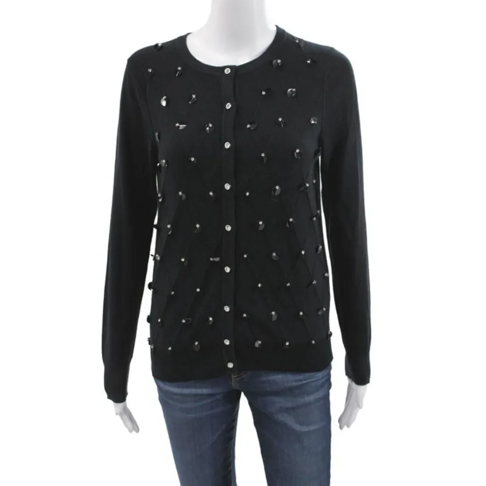 Charter Club Women Beaded Argyle Cardigan Black Crew Neck Long Sleeve Size M